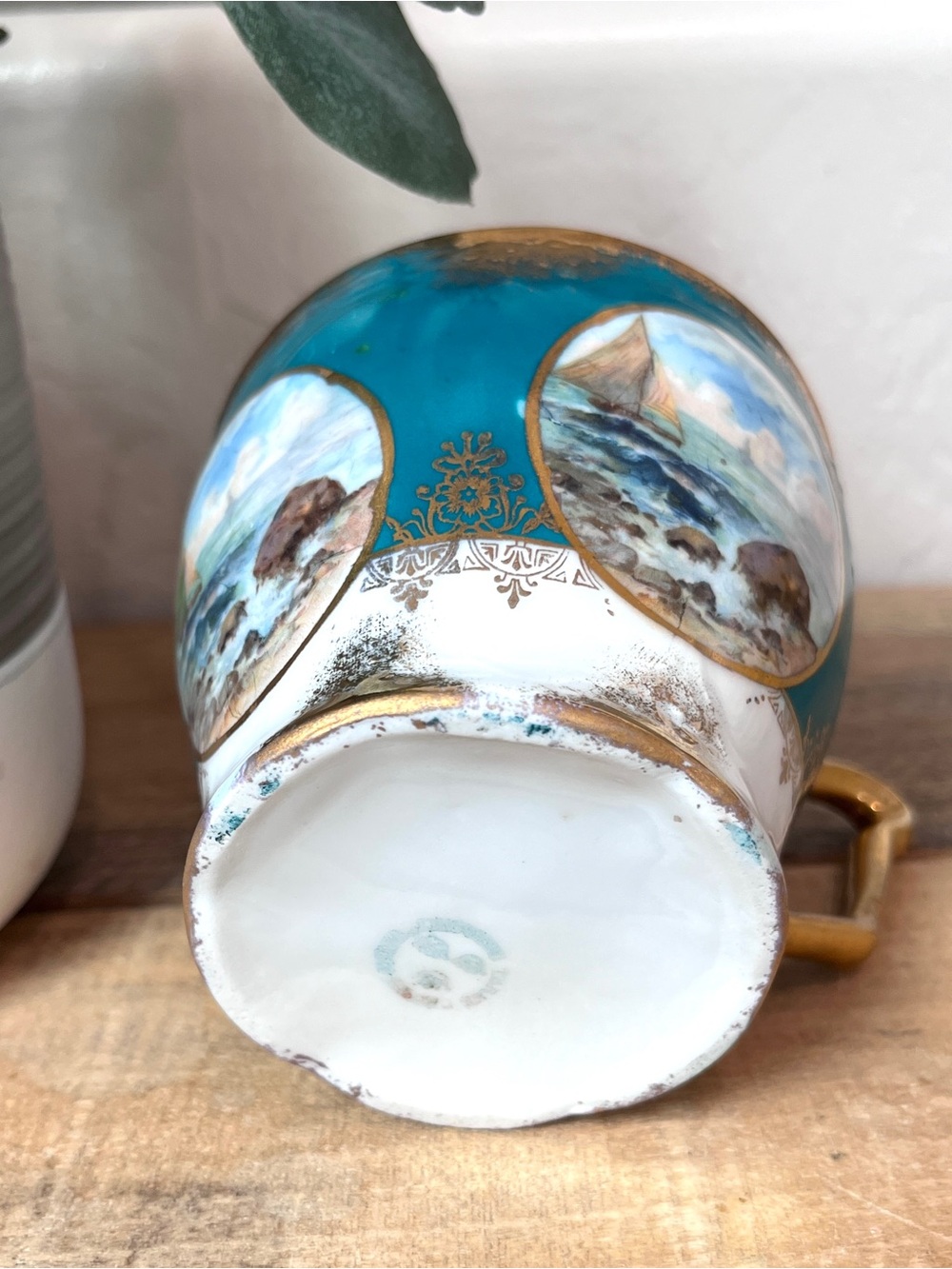Antique 1909 Three Crown China Germany Porcelain Mustache Cup Teal Gold Nautical - Picture 7 of 8